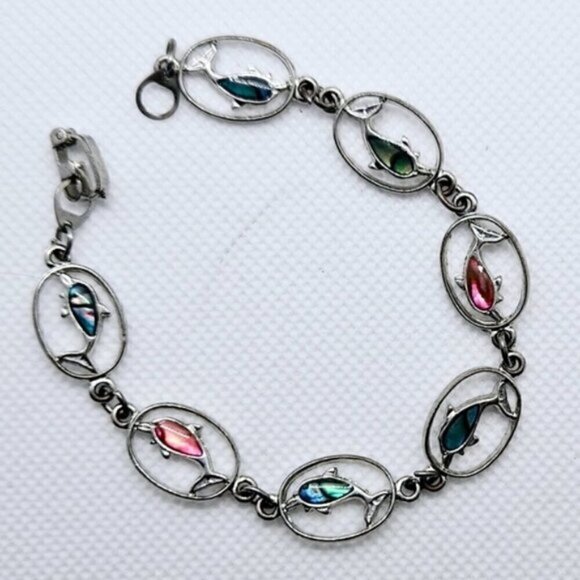Beautiful Silver Tone Dolphin Link Bracelet With Colorful Backs - Picture 1 of 6